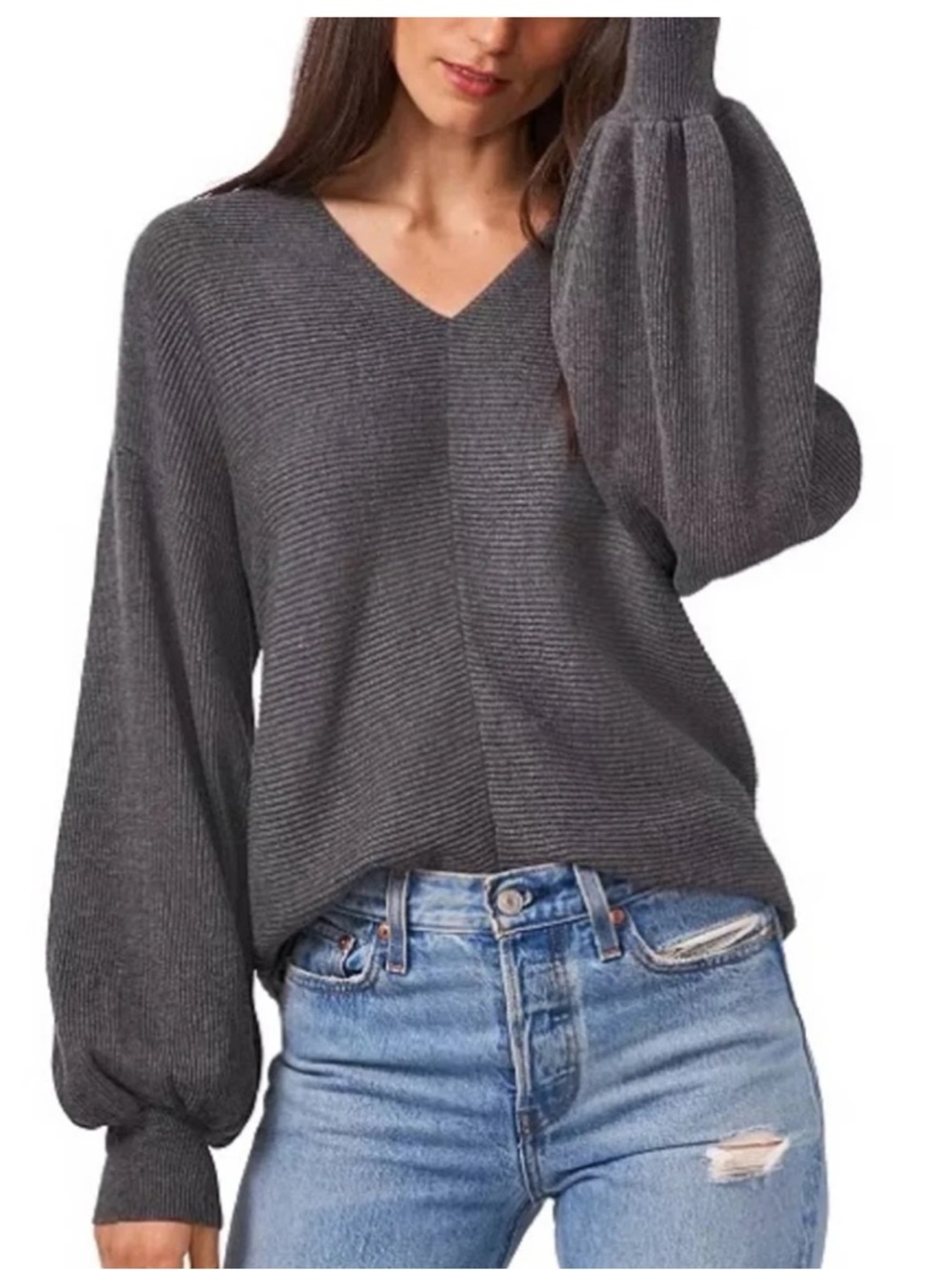 1.STATE Bubble Sleeve Rib Knit Black Women’s V Neck Sweater Jumper SZ MED EUC